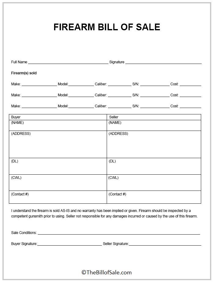 Firearm Bill of Sale Form Template in Printable PDF